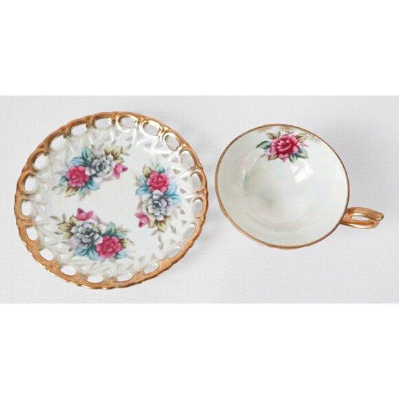 Vintage Lusterware Tea Cup and Saucer Teacup Footed  Japan  Bone China - Picture 3 of 5